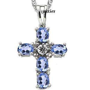 **WOW** NATURAL TANZANITE & DIAMOND SOLID SILVER CROSS PENDANT