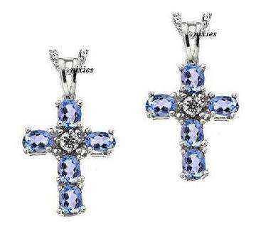 2 X  NATURAL TANZANITE & DIAMOND SOLID SILVER CROSS PENDANTS