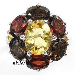 **NEW** GENUINE CITRINE, SMOKY TOPAZ & GARNET 925 STERLING SILVER RING - SIZE 7(O)