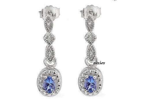 SMASHING 0.49 CT GENUINE DIAMOND & TANZANITE PLATINUM/925 SOLID SILVER EARRINGS