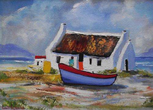 FREE SHIPPING **RED & BLUE BOAT **  BY LOUIS PRETORIUS -  39 x 52CM