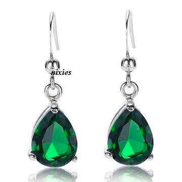 STRIKING 18K WHITE GOLD EP EMERALD DANGLING EARRINGS