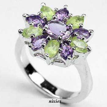 LOVELY GENUINE AMETHYST & PERIDOT 925 STERLING SILVER RING - SIZE 7.75(P)