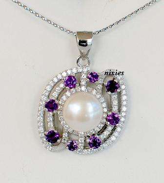 LOVELY SOLID 925 STERLING SILVER PEARL & AMETHYST PENDANT
