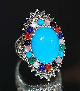 AMAZING TURQUOISE & MULTI GEMS SILVER RING - SIZE 7(O)