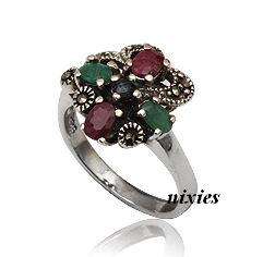 GENUINE SAPPHIRE, RUBY & EMERALD STERLING SILVER RING - SIZE 6(M)