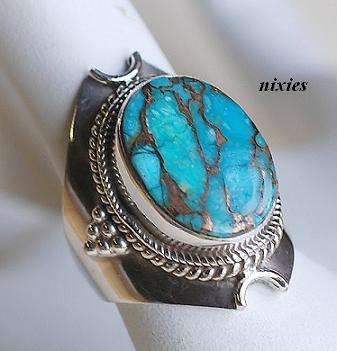AMAZING SOLID SILVER BLUE COPPER TURQUOISE RING - SIZE 6(M)