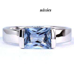 GORGEOUS SOLID SILVER AQUAMARINE SIMULANT ENGAGEMENT RING - SIZE 8(Q)