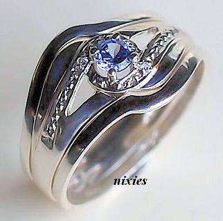 EXQUISITE SOLID SILVER SIMULATED TANZANITE 3 PIECE WEDDING SET - SIZE 8(Q)