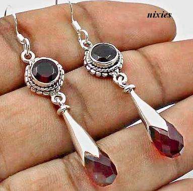 LOVELY SOLID SILVER NATURAL GARNET QUARTZ EARRINGS