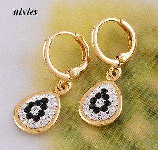 ELEGANT YELLOW GOLD EP BLACK & WHITE DIAMANTE EARRINGS