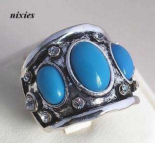LOVELY TURQUOISE & CZ TIBETAN SILVER RING - SIZE 9(S)