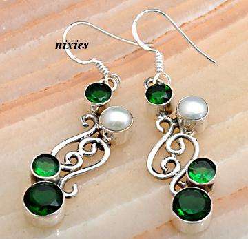 GORGEOUS STERLING SILVER PEARL & GREEN TOPAZ EARRINGS