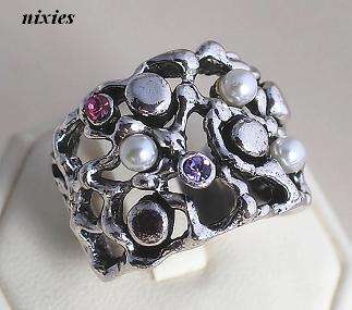AMAZING TIBETAN PEARL & PINK DIAMANTE RING - SIZE 8(Q)