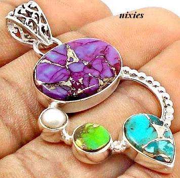 REMARKABLE MULTI-COLOR SILVER TURQUOISE SOLID SILVER PENDANT
