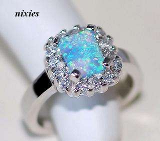 AMAZING BLUE OPAL & SIM DIAMOND STERLING SILVER RING - SIZE 7(O)