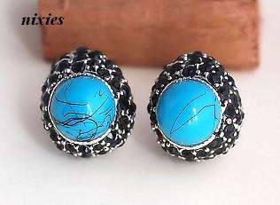LOVELY BLACK MARCASITE & TURQUOISE SEMI HUGGIES