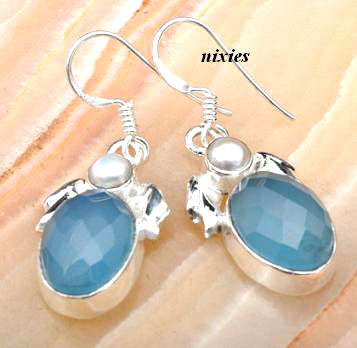 LOVELY SOLID SILVER CHALCEDONY & PEARL EARRINGS