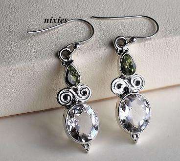ELEGANT NATURAL WHITE TOPAZ & PERIDOT SOLID 925 STERLING SILVER EARRINGS