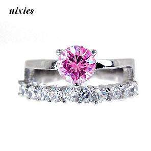 AMAZING WHITE GOLD SIM PINK DIAMOND WEDDING SET - SIZE 7(O)