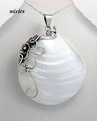 HUGE PURE SILVER DECORATED MOTHER OF PEARL PENDANT