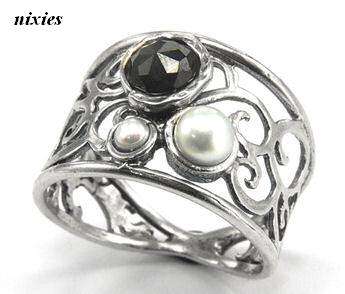 **FOR ADELE** LOVELY 925 SOLID SILVER HANDMADE ONYX & MOONSTONE RING - SIZE 8(Q)