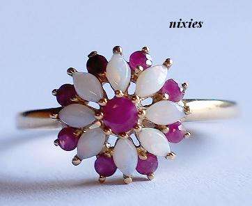 EXQUISITE NATURAL OPAL & RUBY CLUSTER IN SOLID 9K GOLD - SIZE 8(Q)