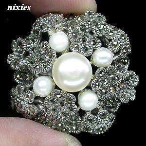 HUGE 925 STERLING SILVER PEARL & MARCASITE RING - SIZE 9.5(T)