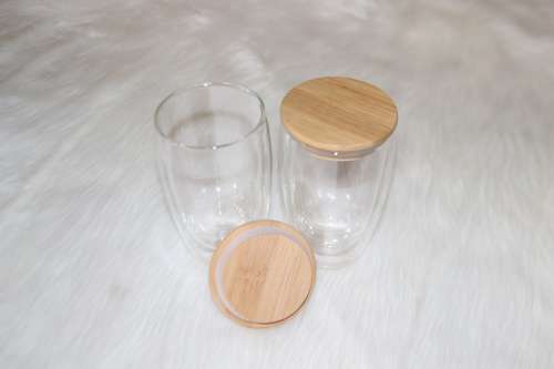 Double Walled Glasses 450 ml With Bamboo Lid , Set of 2