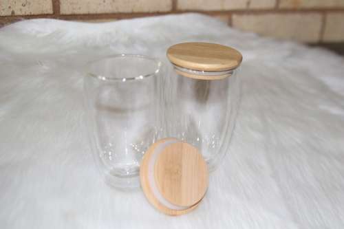 Double Walled Glasses 450 ml With Bamboo Lid , Set of 2