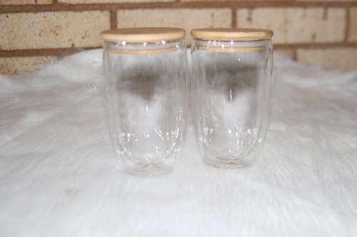 Double Walled Glasses 450 ml With Bamboo Lid , Set of 2