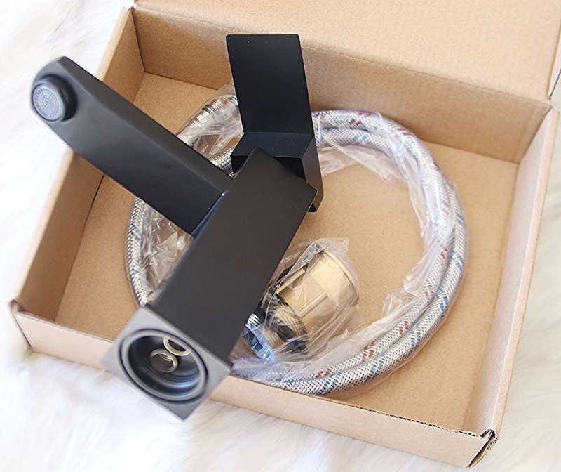 Jack Brown Square Bathroom Basin Mixer Tap With Hose - Matt Black