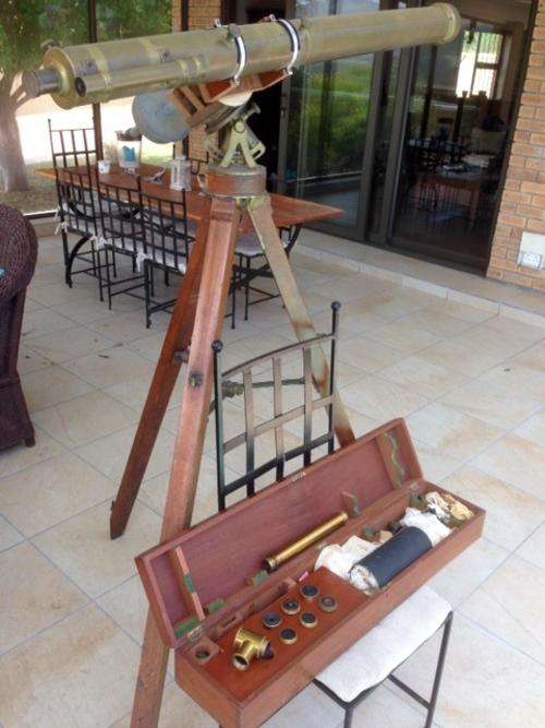 Troughton & Simms Early 20th Century Brass Telescope, Rosewood Tripod & Accessories Box