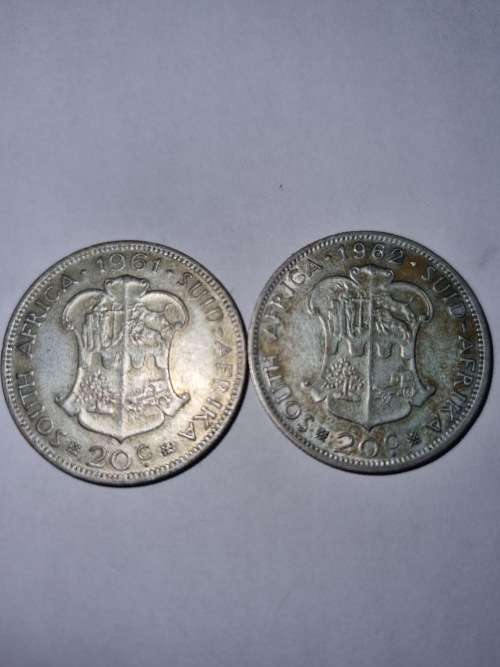 SA Republic set of Silver 20c coins 1961 and 1962 (50% and 11.31g) - very good condition