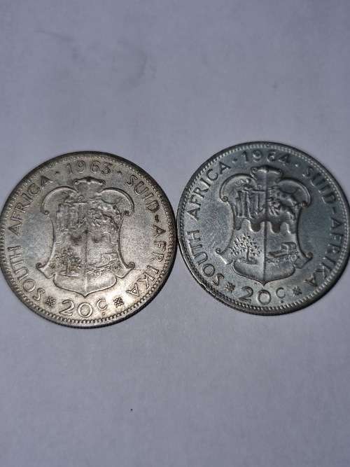 SA Republic set of Silver 20c coins 1963 and 1964 (50% and 11.31g) - very good condition