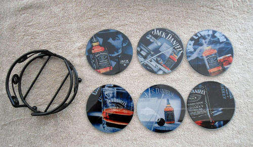 Jack Daniels Printed Glass Coasters with Wrought Iron Holder