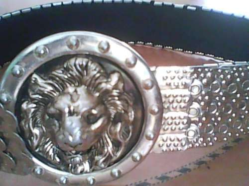 VINTAGE LION HEAD SILVER SERPENT SCALE STRETCH CLIP ON BELT - GOOD - ONE SIZE