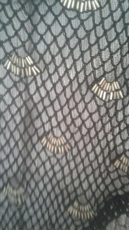 VINTAGE BEAUTIFUL EVENING  GOLD and SEE THRU BEADED BLACK CROCHET SHAWL - LIKE NEW