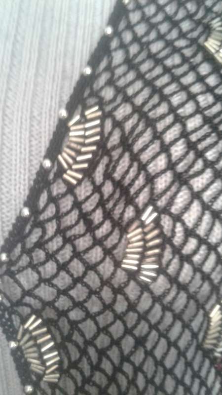 VINTAGE BEAUTIFUL EVENING  GOLD and SEE THRU BEADED BLACK CROCHET SHAWL - LIKE NEW