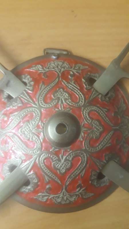 ANTIQUES and COLLECTABLES: 4 FOUR  HANDCRAFTED DECORATIVE BRASS INDIAN SHIELDS WITH SWORDS