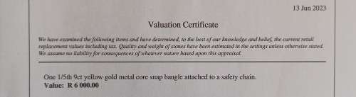 Stunning 9ct gold 1/5 metal core bangle value R6000.00