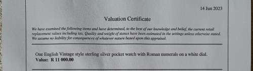 Value R11 000.00 stunning vintage English style pocket watch with Roman numerals on a white face