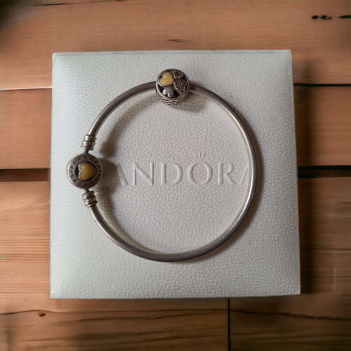Stunning collectors sterling silver Pandora Bangle with heart charm and clasp value R1499.00