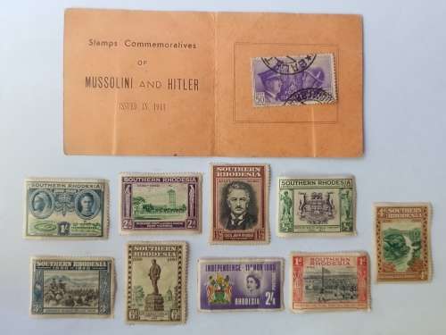 Rare collectors Rhodesian stamps as well as commemorative Mussolini & Hitler stamp