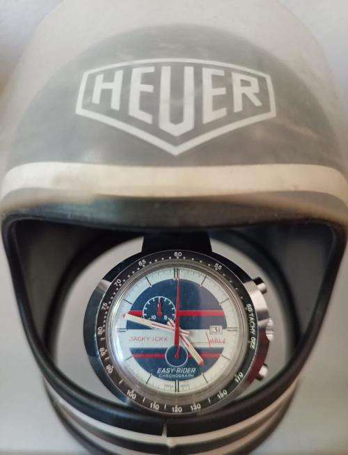 Valuable 1970`s Heuer legendary F1 driver Jacky Ickx easyrider gents watch with replica scale helmet