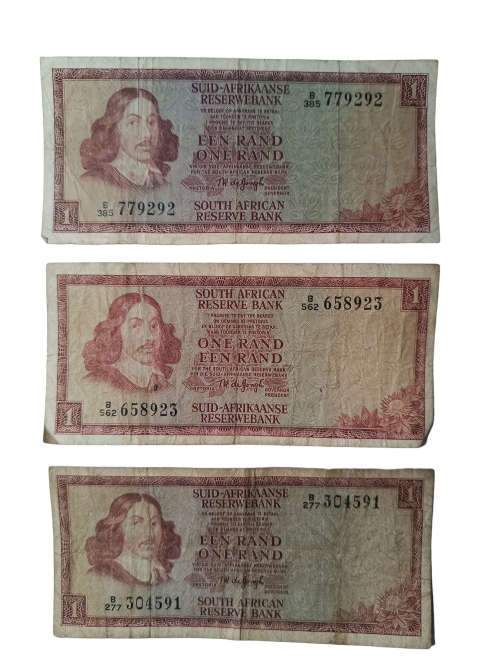 Rare Collectors South African Ten, Two and One Rand notes TW De Jongh edition