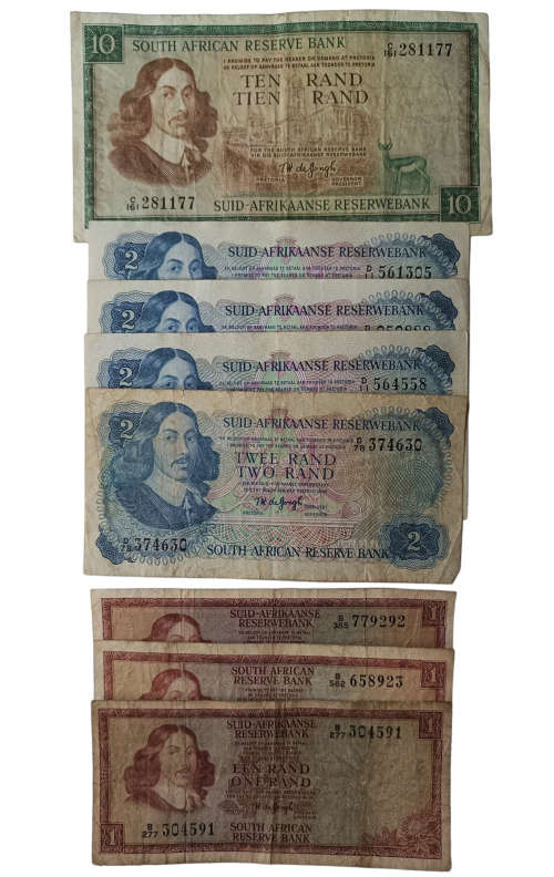 Rare Collectors South African Ten, Two and One Rand notes TW De Jongh edition