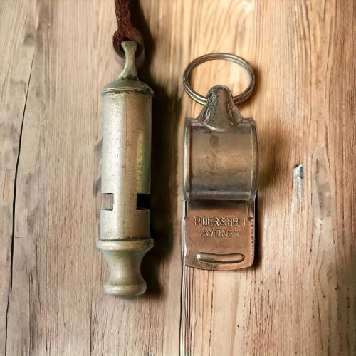 Extremely rare vintage collectors 1908 J Hudson & Co Birmingham and Rider Bell Sydney Whistles