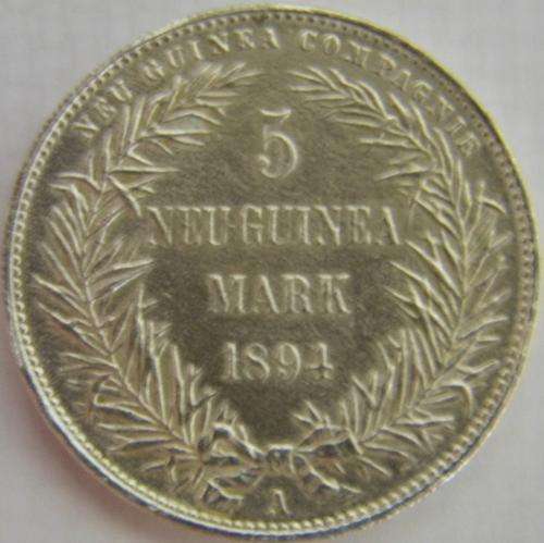 #Ultra Rarity# Silver German New Guinea 1894A 5 Mark Crown AU+ ( CV in EF = R10 000)