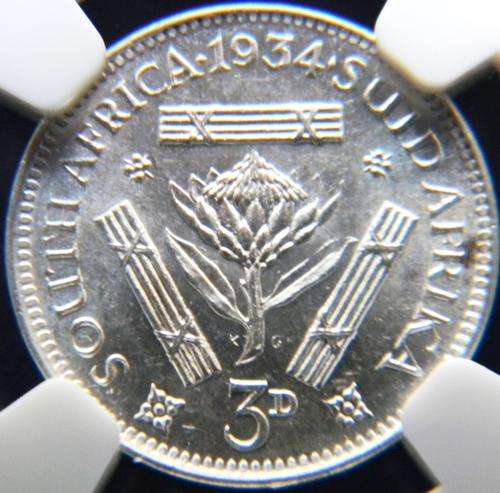 Union of SA 1934 Tickey Threepence - NGC GRADED MS61